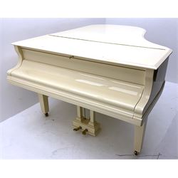 Julius Bluthner of Leipzig, Germany - Boudoir Grand Piano in cream lacquered finish with an open lattice music desk, original patent Bluthner action, recently restored and re-strung with new tuning pins, hammer heads and damper felts, re-sprayed iron frame  and re-furbished wooden soundboard with manufacturers decal and traditional 