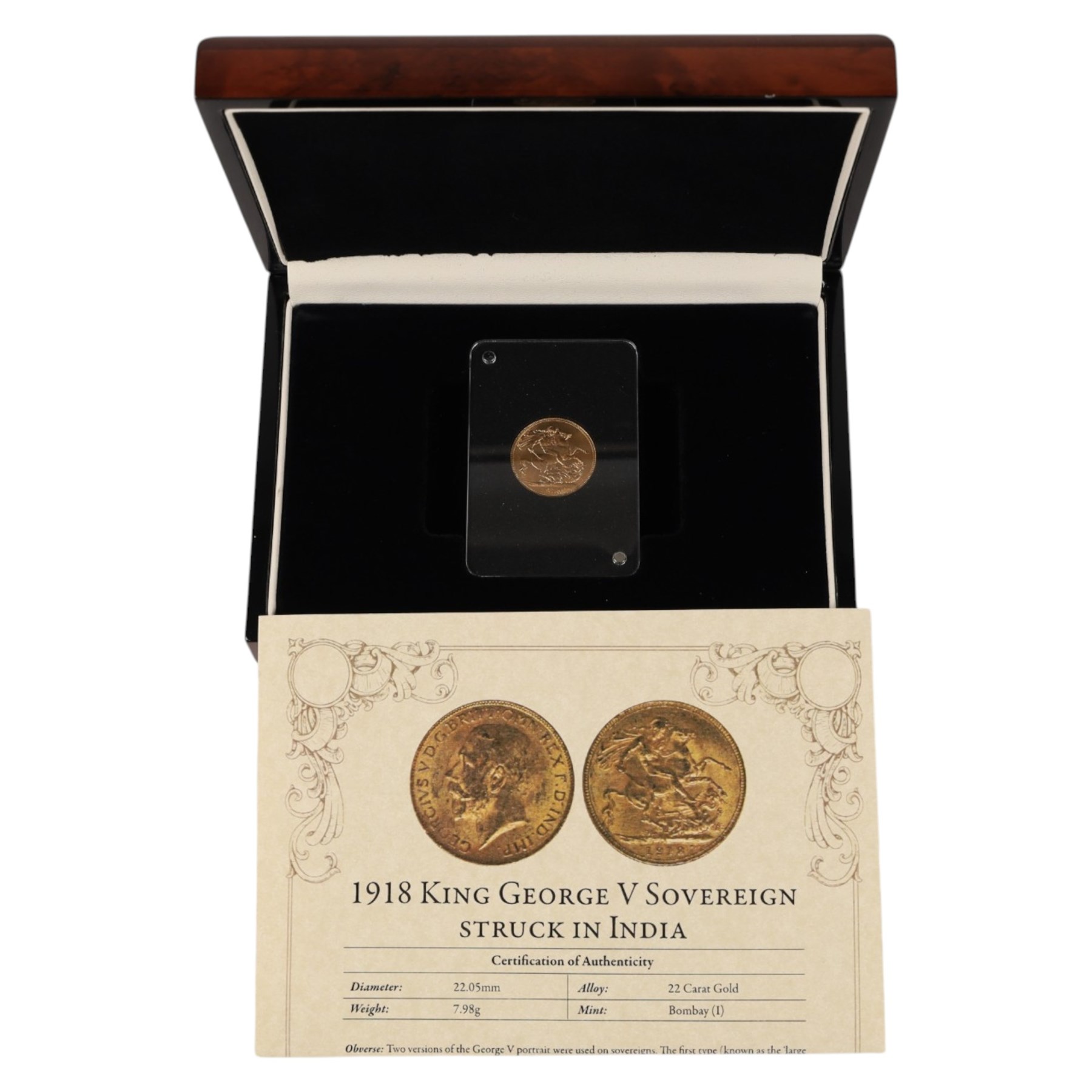 King George V 1918 gold full sovereign coin, Bombay mint, in London Mint Office case