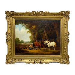 Manner of William Shayer (British 1787-1879): Men and Ponies Taking a Rest, 19th century oil on canvas unsigned 70cm x 90cm in impressive 20th century swept gilt frame 100cm x 120cm overall