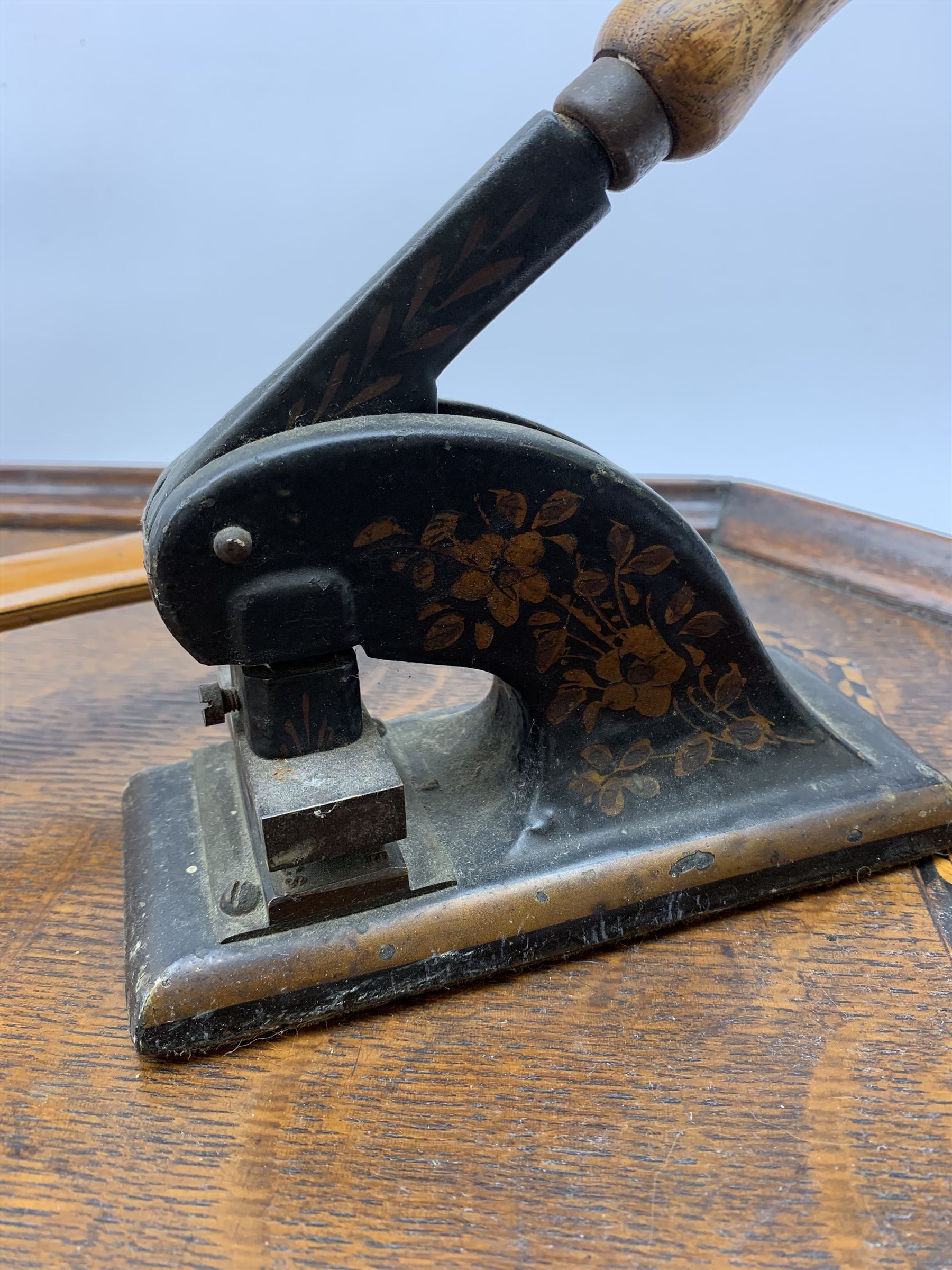 Antique postal scales, mother of pearl handled letter opener, twin handled tray with inlaid decoration and other miscellaneous items