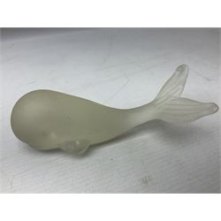 FM Ronneby Sweden large bear paperweight, together two glass penguins, one signed, small Hadeland bear and other glass animals. FM bear H9cm 