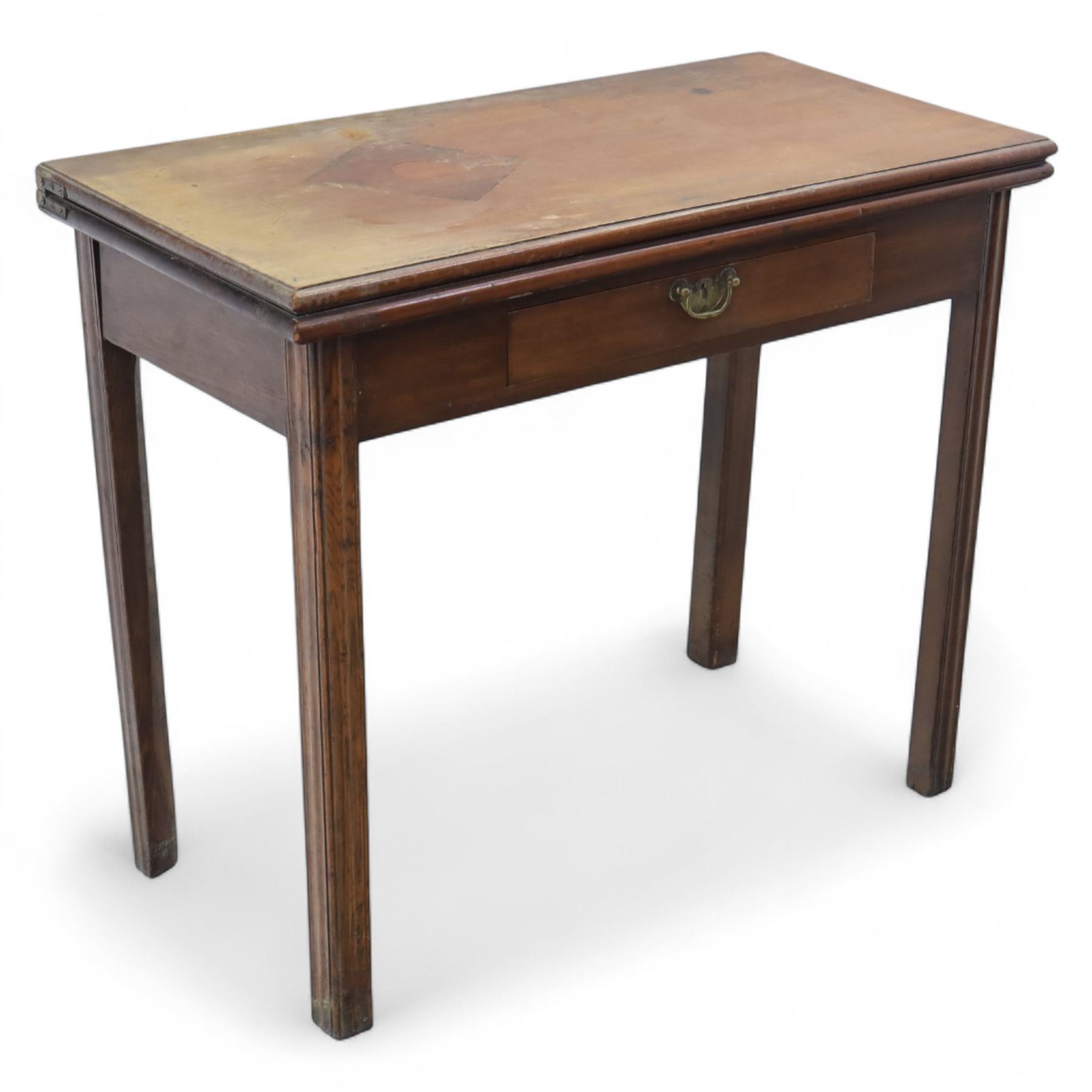 Georgian mahogany fold-over tea table, rectangular top with moulded edge over single frieze drawer with brass handle plate, on square tapering supports with gateleg