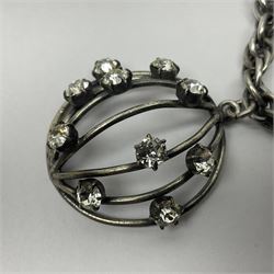 Joseff of Hollywood, circa 1950s metal and white paste necklace, with three graduated pendant drops set with white paste, to a Prince of Wales chain, signed with round script tag