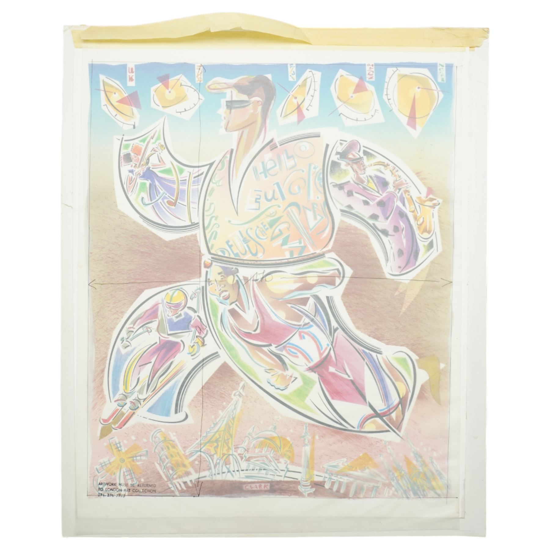 Peter Clark (British 1944-): Vintage Advertising Prototypes, large collection of original mixed media ink and watercolour poster prototypes signed, c.1980s max 60cm x 50cm (qty) (unframed)
Notes: Peter Clark is a British artist best known for his collages, but he began his career as an illustrator working for major UK publications like The Radio Times, BBC and major advertising campaigns. These posters, reflecting the bold colours and graphic style of pop art engage with 1980s music culture.
Provenance: direct from the family of the artist
