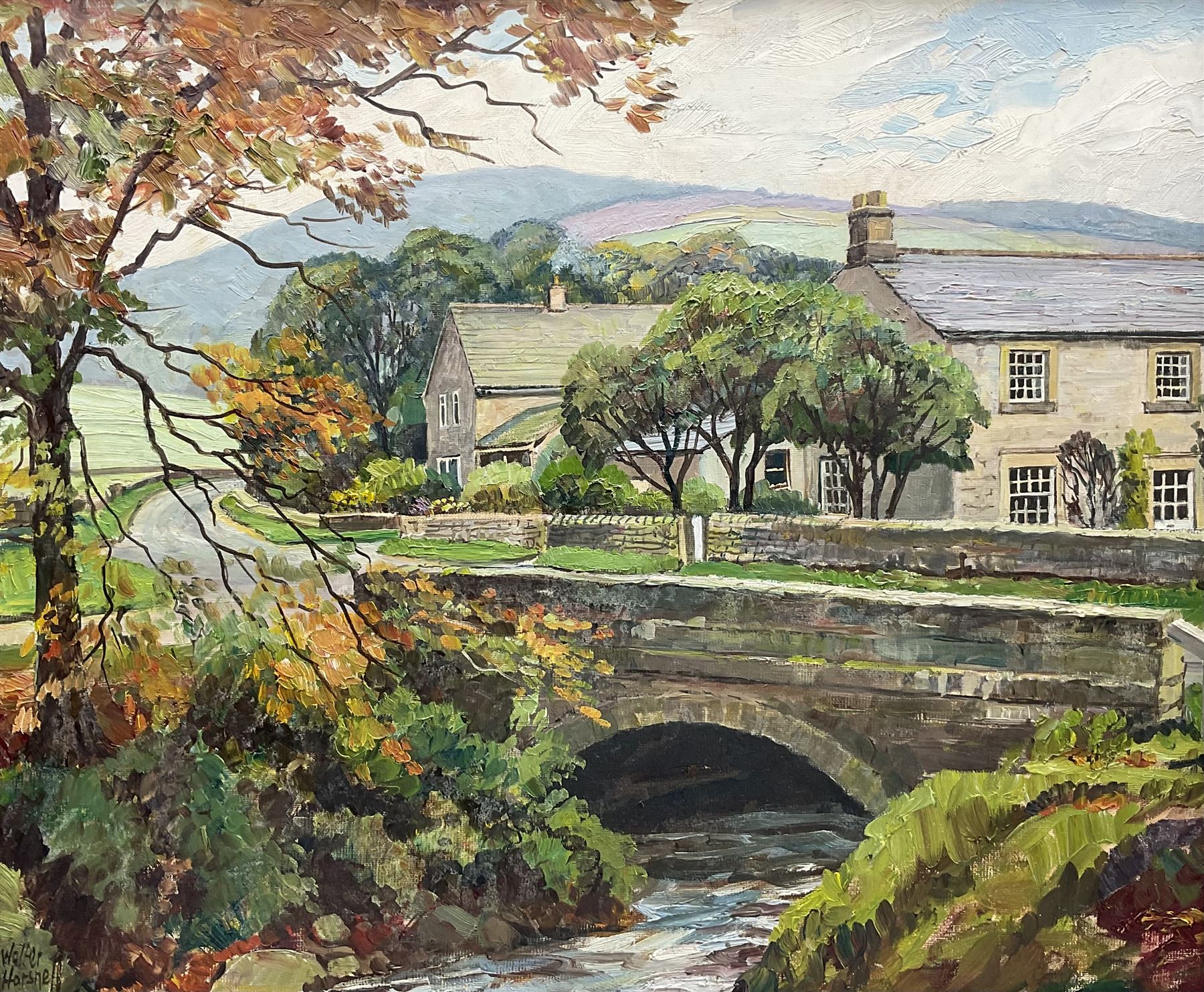 Walter Cecil Horsnell (British 1911-1997): 'Bridge End Ramsgill' Yorkshire Dales, oil on artist's board signed, titled and dated 1979 on original receipt verso 48cm x 58cm