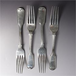 Set of four Victorian silver fiddle and thread pattern table forks engraved with a monogra...