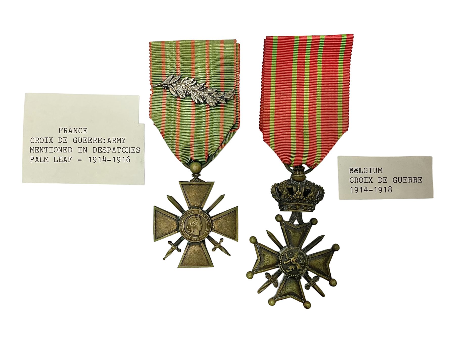 WWI French 1914-1916 Croix de Guerre with MID leaf and ribbon; and WWI Belgian 1914-1918 Croix de Guerre with ribbon (2)