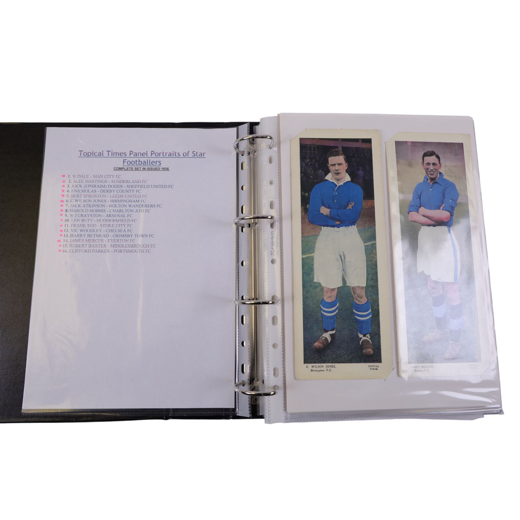 Collection of 1930s and later Football related trading and cigarette cards, including complete set of sixteen 1936 Topical Times Panel Portraits of Star Footballers, collection of further 1930s Footballer Panel Portraits, complete set of twenty-five 1955 The Wizard Famous Footballer cards, complete set of fifty Wills Association Footballers 1935, complete set of fifty Godfrey Phillips International Caps cards, etc, housed in three albums