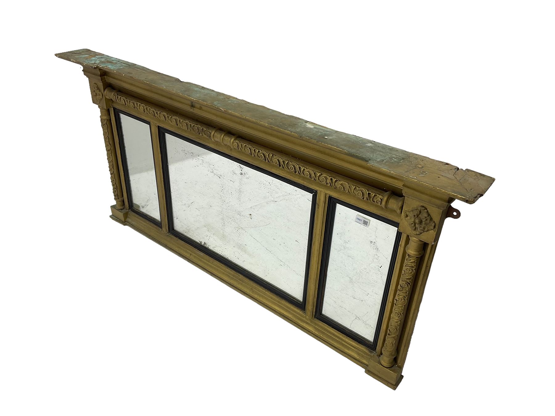 19th century gilt framed overmantel mirror with inverted breakfront cornice over three mirror panels framed by ornate columns