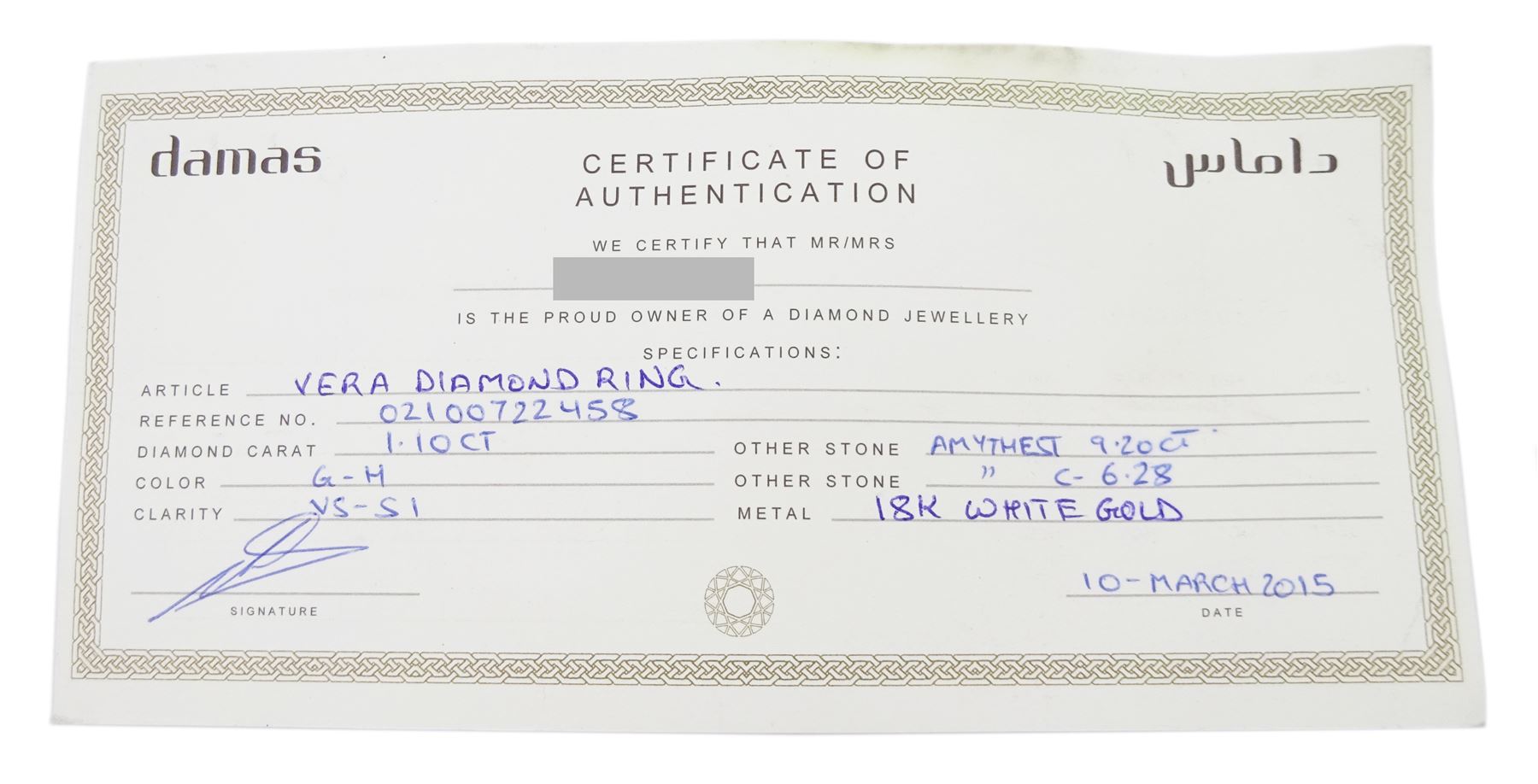 Damas 18ct white gold amethyst and diamond Vera ring, the central square cushion cut amethyst of 6.28 carat, with round brilliant cut diamond surround, pear cut amethyst gallery and diamond set shoulders, total amethyst weight 15.48 carat, total diamond weight 1.10 carat, with certificate