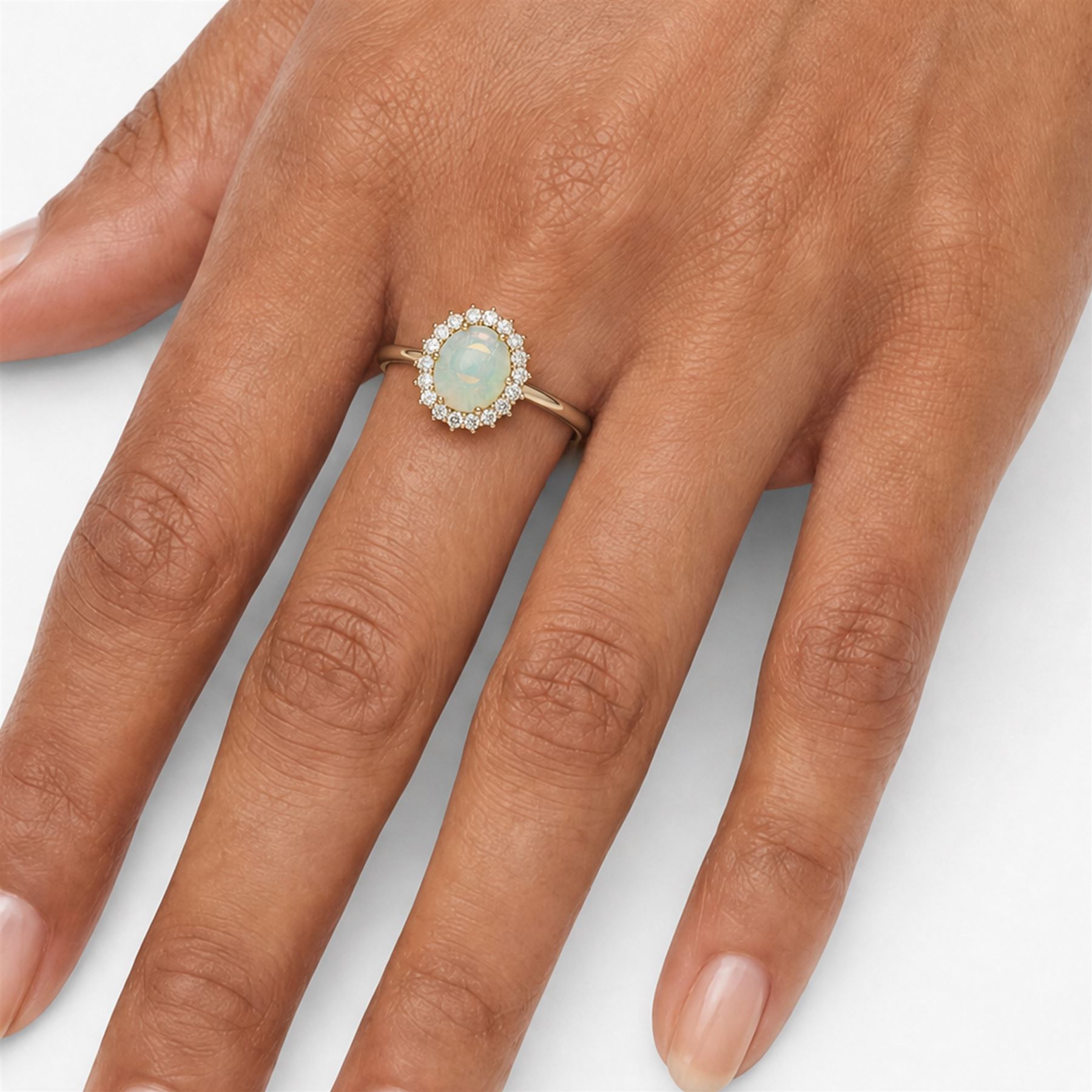 9ct gold opal and diamond cluster ring, single cabochon cut opal of approx 1.95 carat, surrounded by eighteen round brilliant cut diamonds, total diamond weight approx 0.80 carat
