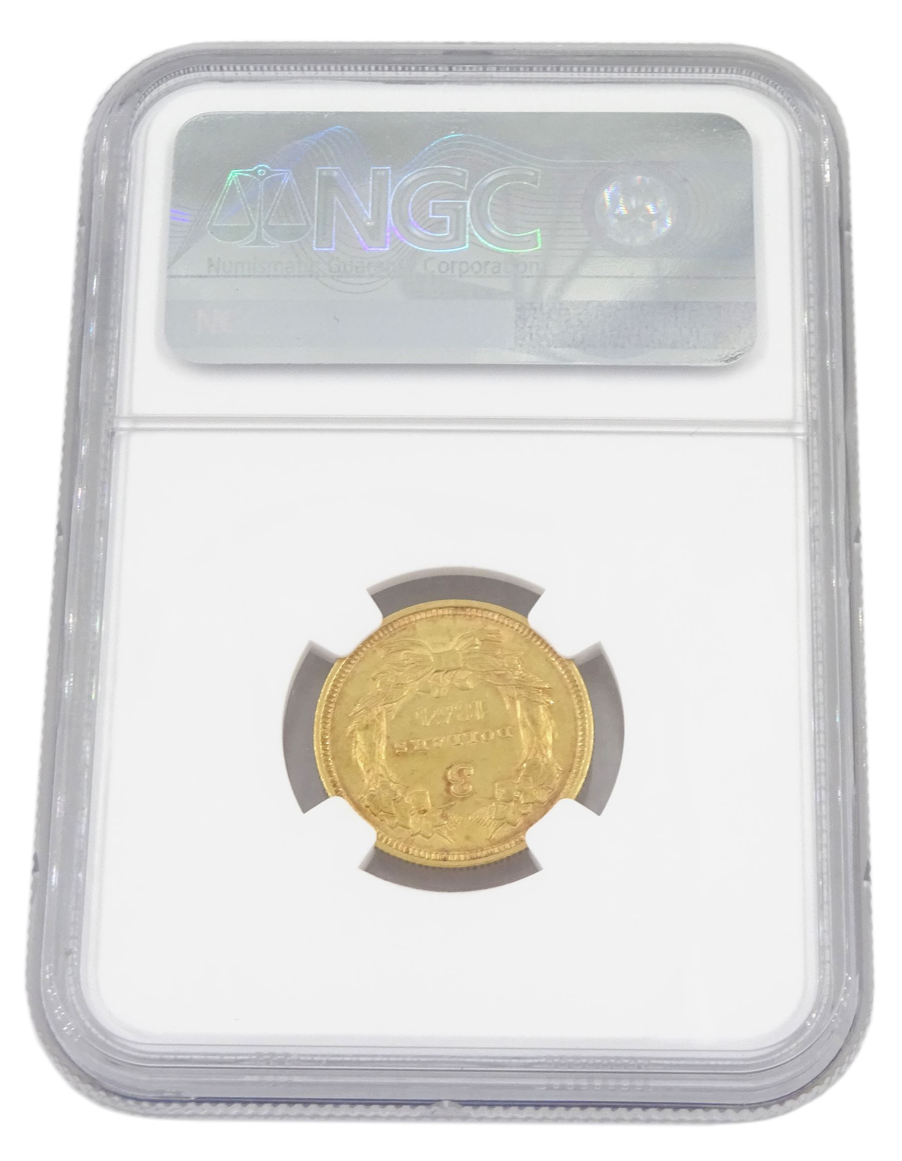 United States of America 1854 gold three dollar coin, encapsulated and graded AU55 by NGC