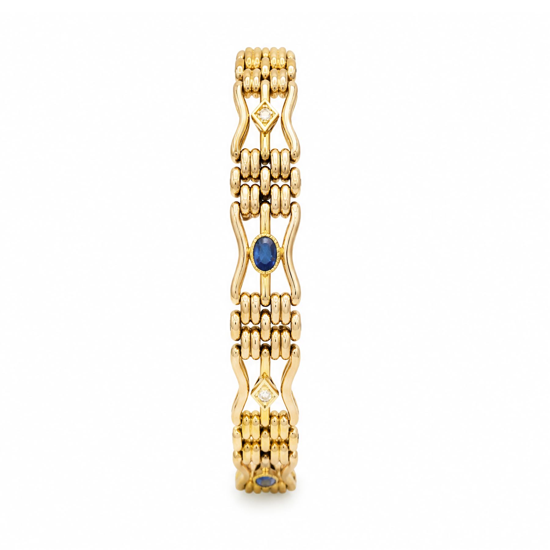 Early 20th century 15ct diamond and sapphire gate link bracelet, set with two oval cut sapphires and two old cut diamonds, stamped 15