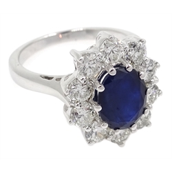  18ct white gold sapphire and diamond cluster ring, sapphire approx 2.25 carat, diamond total weight 1.5 carat  