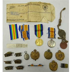  WWl pair to 322632 SPR. C MORRIS R.E. with ribbons and ribbon bar in box of issue with envelope and dog tags, four Royal Engineers cap badges, seven RE shoulder badges and a silver plated oval hair locket  
