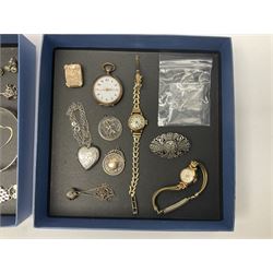 9ct gold jewellery including two pairs of pearl earrings, Roamer gold wristwatch, on gold bracelet, two other gold cased wristwatches and a collection of silver jewellery