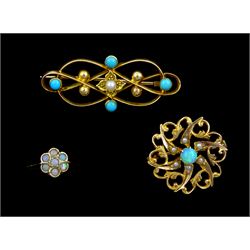Edwardian 15ct gold turquoise pearl brooch, rose gold opal daisy cluster ring, stamped 9ct and a gold opal and seed pearl circular brooch