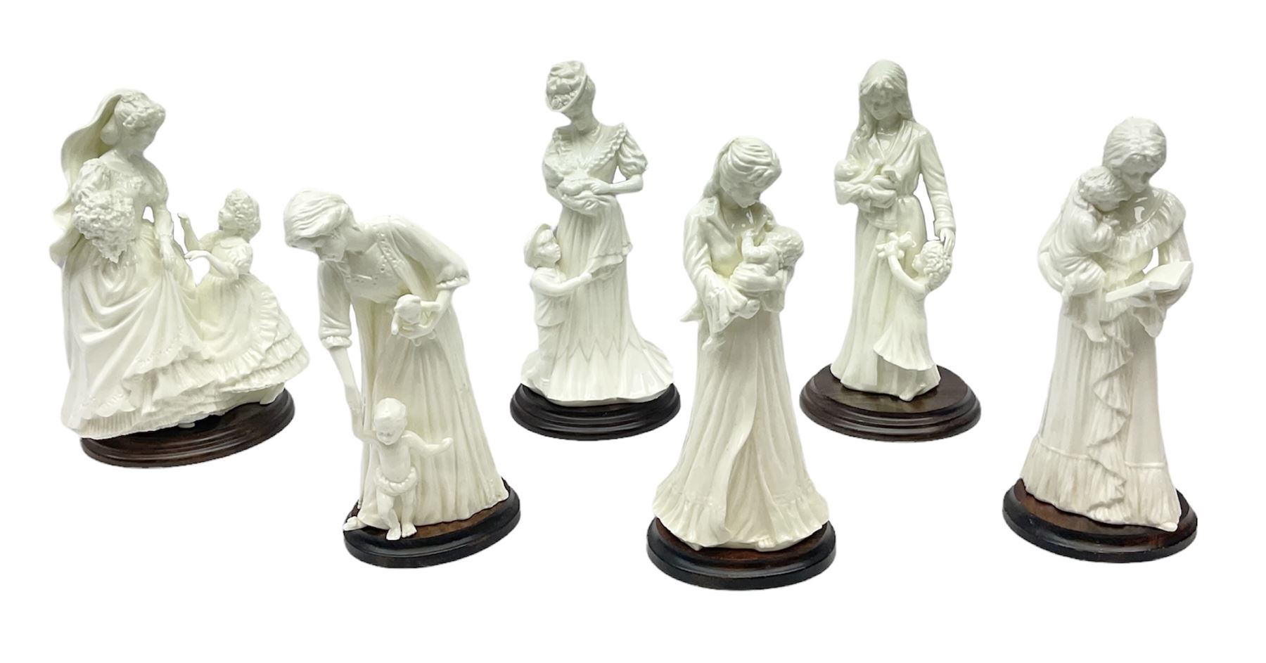 Six Royal Worcester figures, comprising The Wedding Day, New Arrival, The Christening, First Steps, Once Upon a Time and Sweet Dreams, all with printed marks beneath 