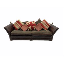 Knowle style grand drop arm sofa, upholstered in antique tan leather and fabric with contrasting scatter cushions