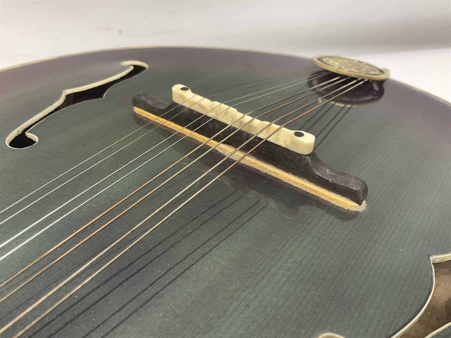 Chinese F-hole eight-string mandolin with sunburst finish, mother-of-pearl inlay of dragons chasing the flaming pearl and dragon carved headstock L71cm