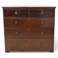 19th century mahogany chest, with a rectangular top over two short and three long graduated drawers fitted with turned knobs and bone escutcheons, raised on shaped bracket feet