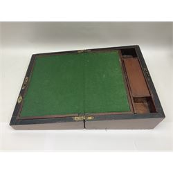 Victorian walnut and parquetry banded work box with brass shield and escutcheon, L30cm, together with mahogany writing slope with green baize writing surface, L35cm