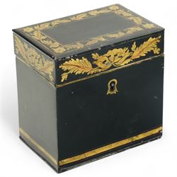 Victorian period black toleware tea caddy of rectangular from with foliate band of leaves ...