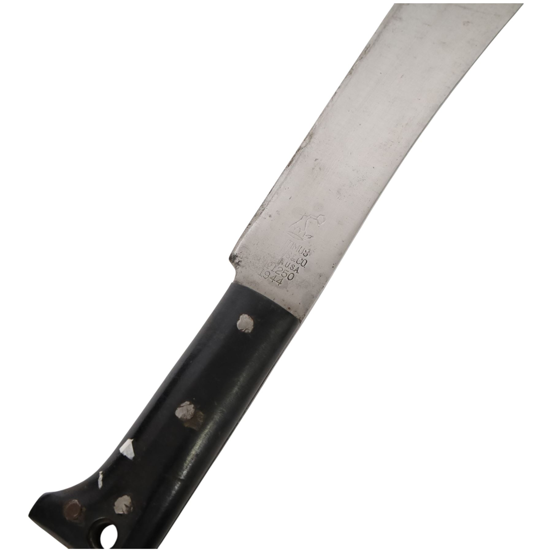 WWII US military machete dated 1944, Legitamas Collins & Co, model no.1250, with original leather sheath, overall L58cm