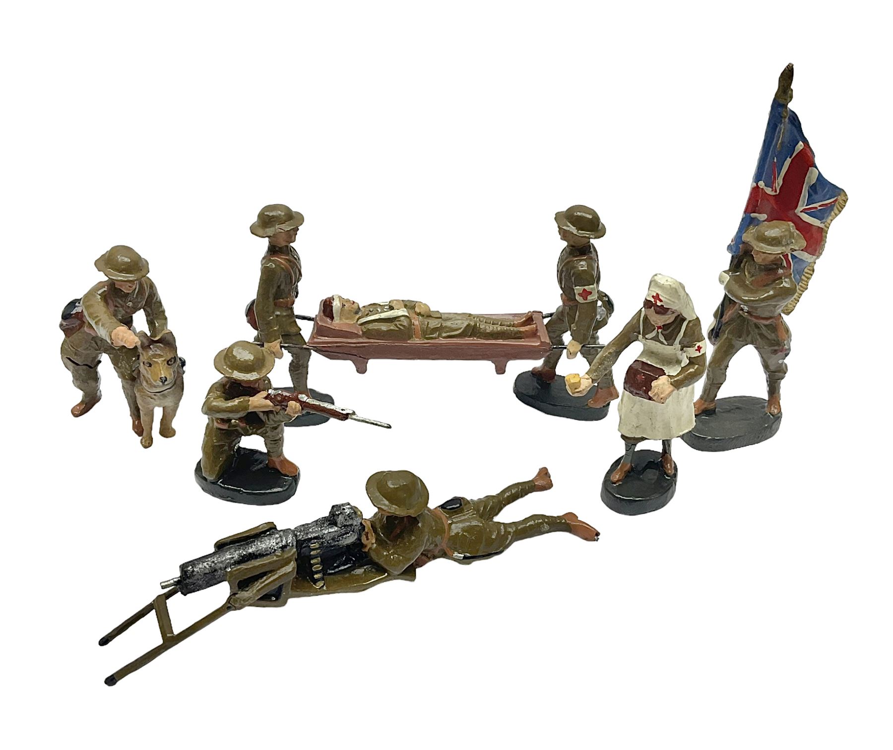 Eight Elastolin British soldiers and wartime figures, including nurse, injured soldier on stretcher, soldier with dog, etc, tallest 11cm