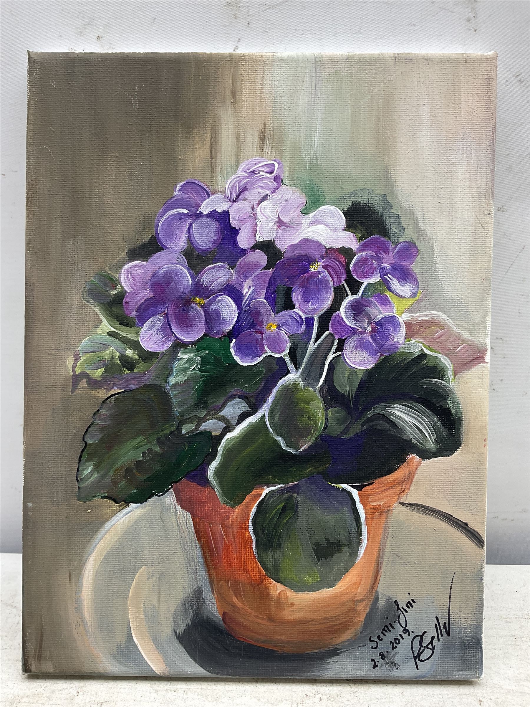 Paula Seller (Yorkshire Contemporary): 'African Violet', acrylic on canvas signed and dated 2019, titled verso 30cm x 22cm