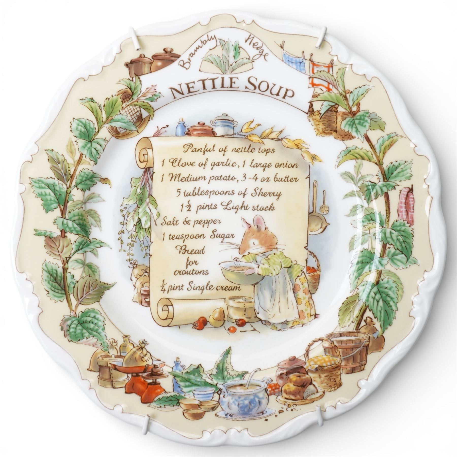 Eight Royal Doulton Brambly Hedge plates from the The Recipe Plate Collection, comprising 'Nettle Soup', 'Strawberry Shortcake', 'Mushroom Tart', 'Apple Pie', 'Elderflower Wine', 'Crystallized Violets', 'Blackberry Sorbet' and 'Honey & Nut Biscuits' (8)