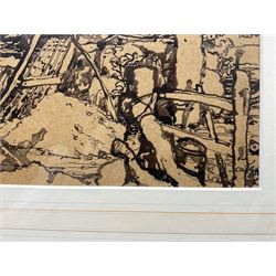 Rudolf Helmut Sauter (German 1895-1977): Barn Interior, ink on brown paper signed 22cm x 29cm