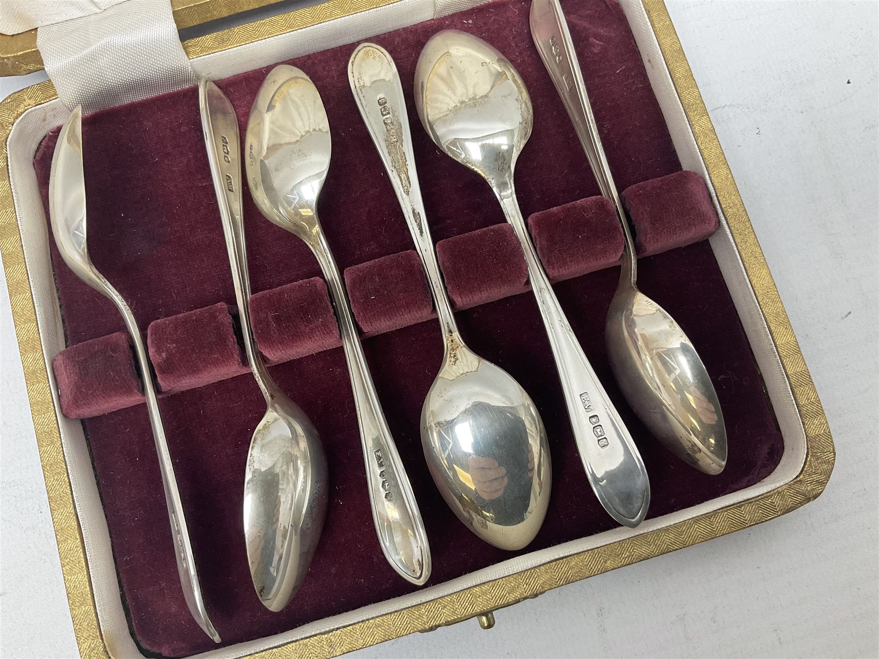 Cased set of six mid 20th century silver coffee spoons, hallmarked Sheffield 1954 and 1956, approximate silver weight 79.6 grams