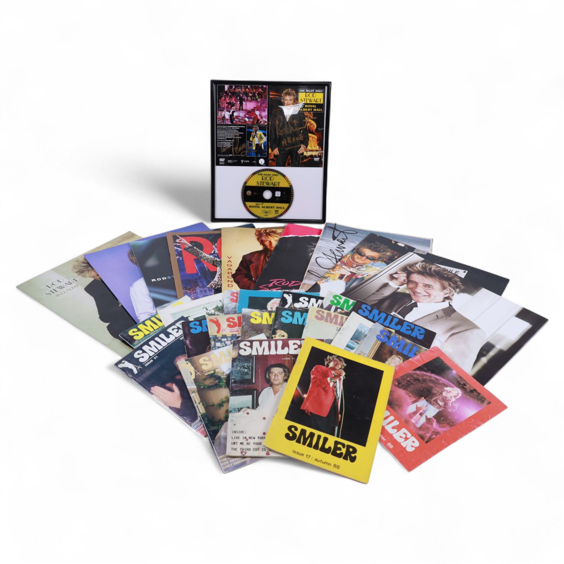 Rod Stewart memorabilia, including DVD sleeve 'Rod Stewart Live at Royal Albert Hall' signed by both Rod Stewart and Penny Lancaster, framed, tour programmes including 2019 world tour and a collection of Fan Club magazines