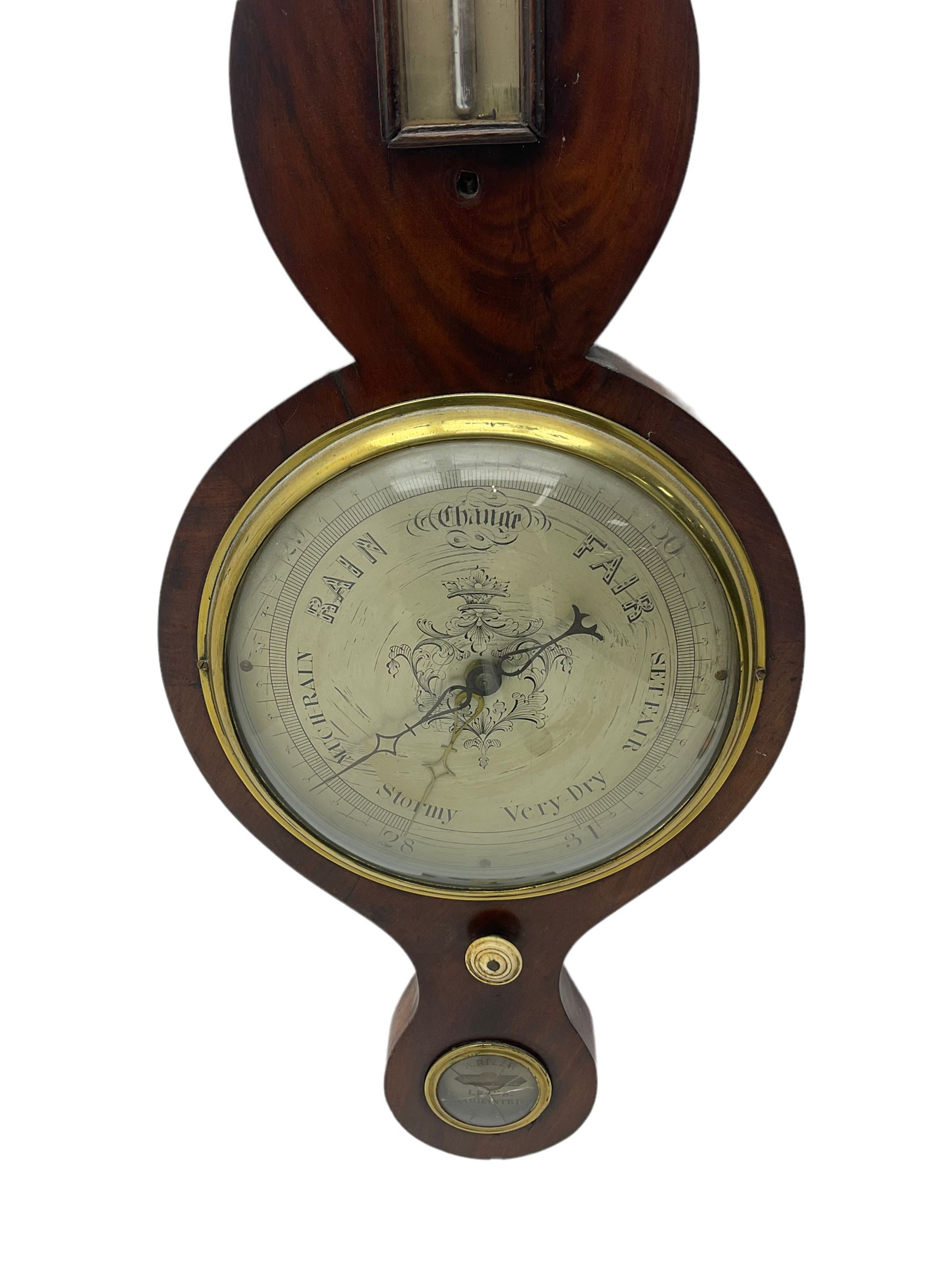 Victorian mahogany cased mercury wheel barometer by A Rizzi, Leeds,c 1860,
with a swan’s neck pediment and round base, long mercury box thermometer, 8” silvered register, hygrometer and level, steel indicating hand and brass recording hand with recording button, mercury present in syphon tube.
