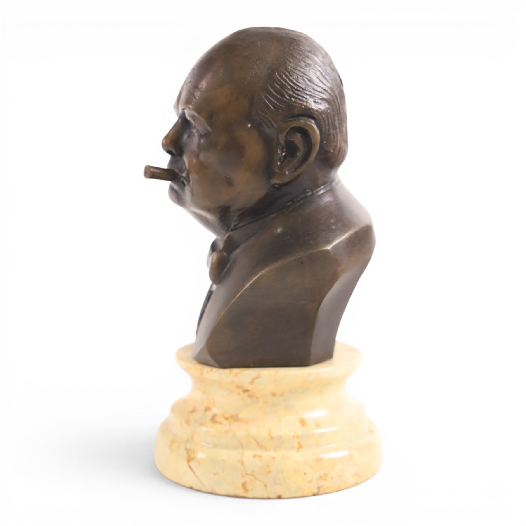 Churchill bust on stepped circular base, together with Napoleon bust after Masson, largest H23cm