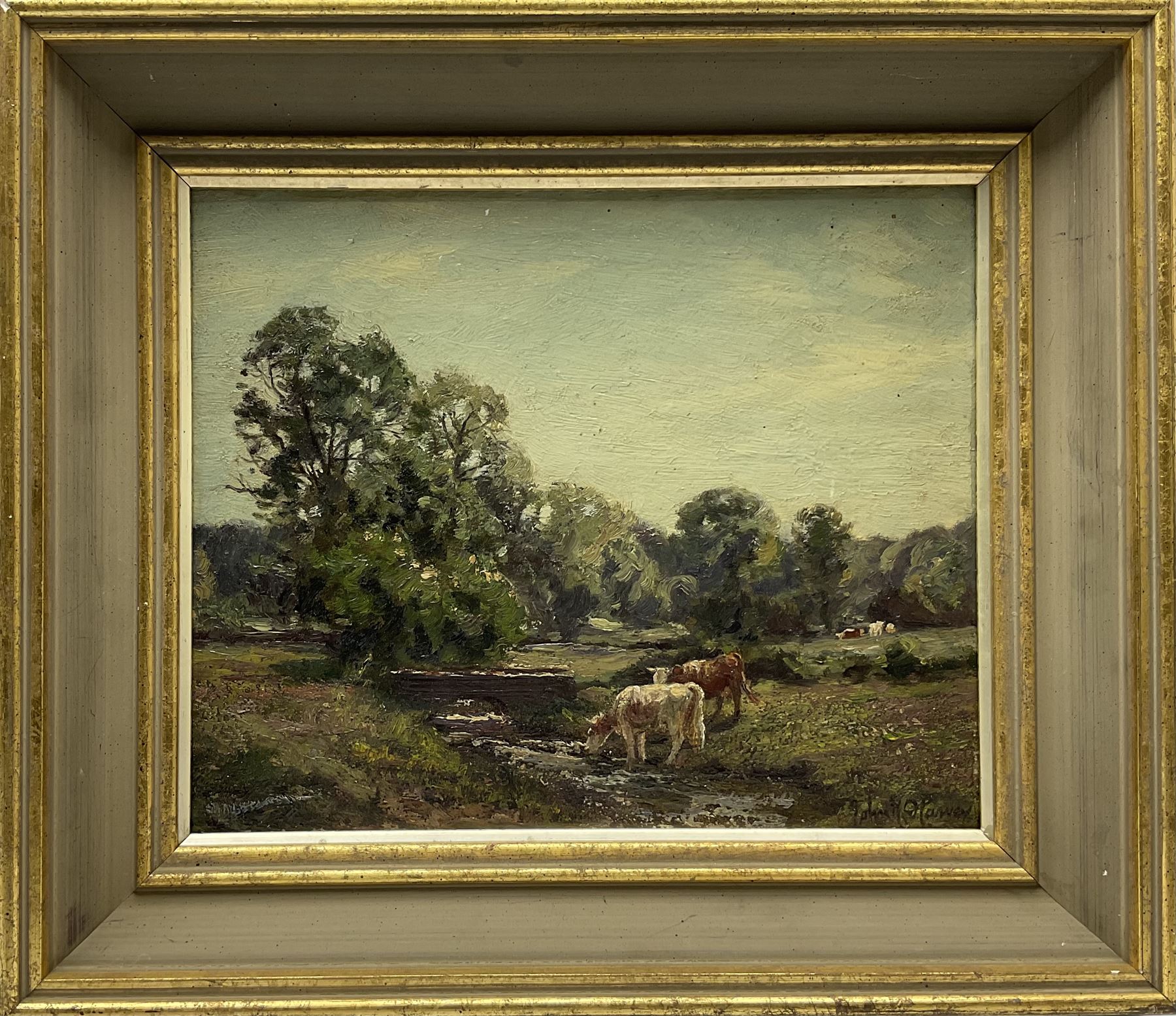 John Rathbone Harvey (British 1862-1933): Cattle Watering, oil on board signed 23cm x 28cm