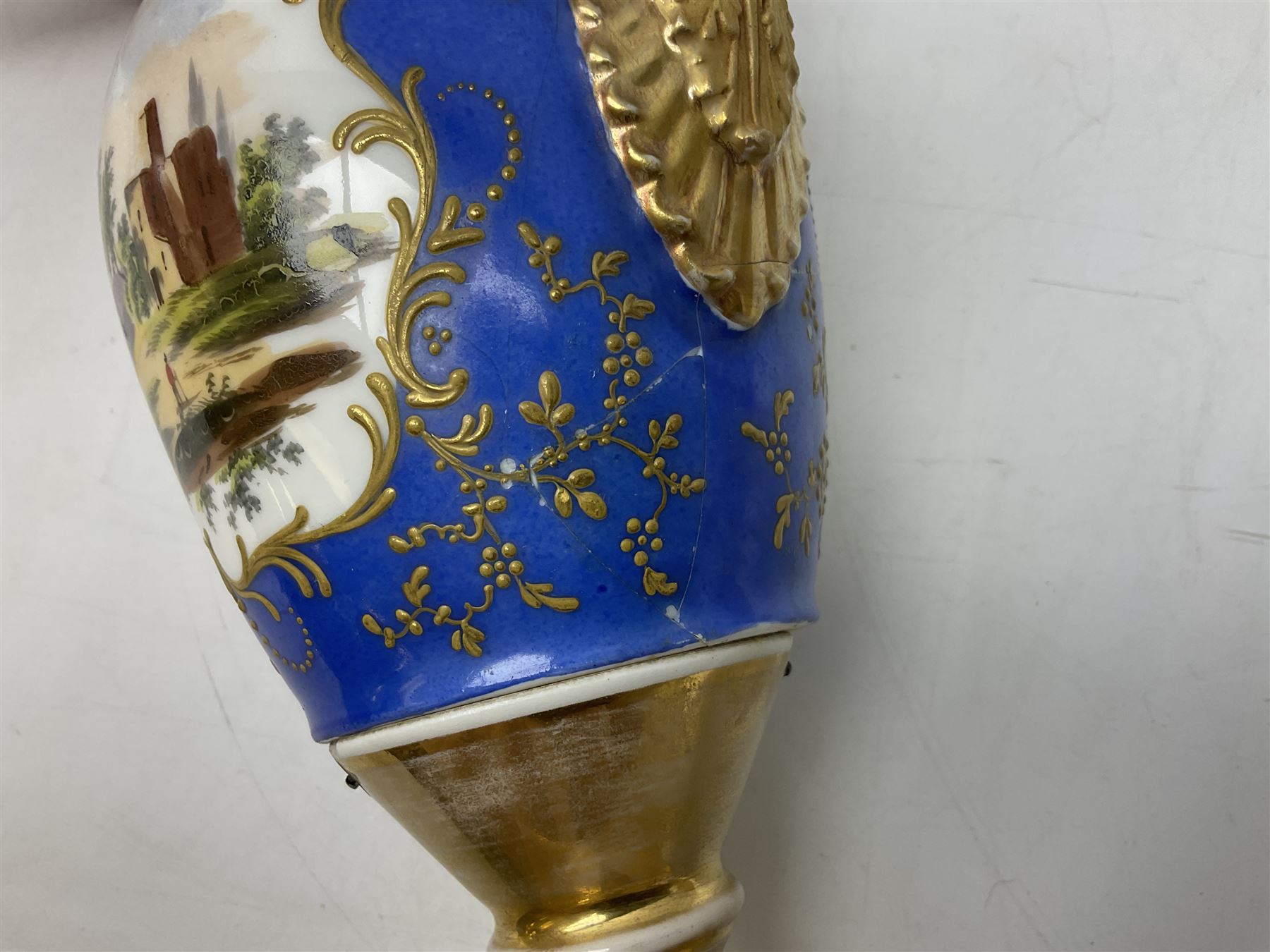 Devonport imari pattern comport set, comprising two tall comports and three low comports, together with twin handled pedestal ovoid vase, decorated with landscape with gilt swan handles, vase H25cm