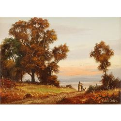 Vincent Selby (British 1919-2004): Walking the Dog at Sunset, oil on panel signed 14cm x 19cm