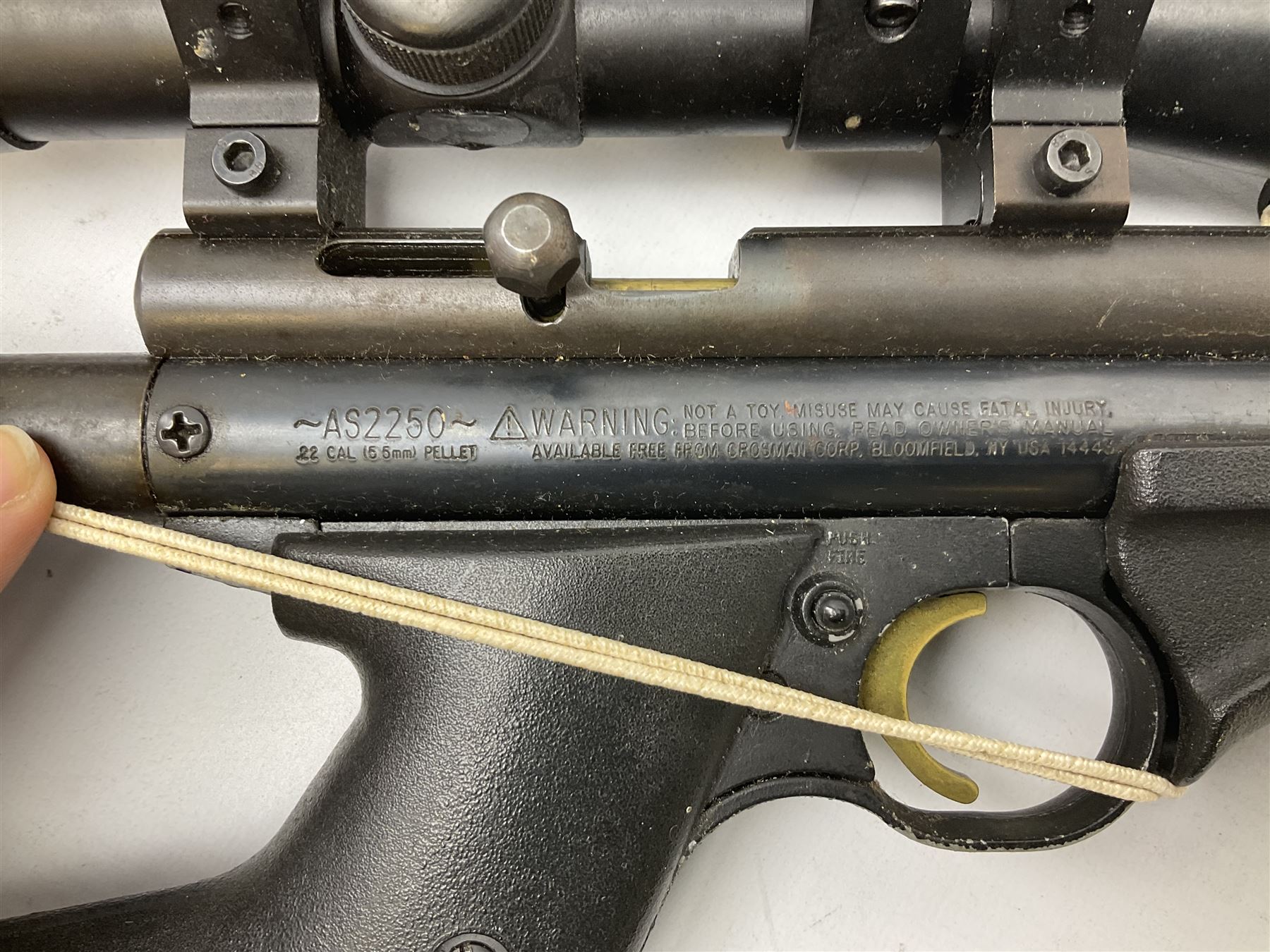 Crosman .22 air rifle with gas cylinder, model AS2250, with bolt action, skeleton stock, moderator and Hawke 4x32 telescopic sight with infra red facility, serial no.803B11493, L88.5cm