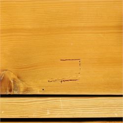 Two pine chests, comprising Victorian pine chest fitted with three  drawers with turned handles, shaped uprights extending to bracket feet, (H 83cm, W 77cm, D 41cm) and Continental pine chest fitted with three drawers with turned handles, on turned feet (H 81cm, W 100cm, D 51cm)