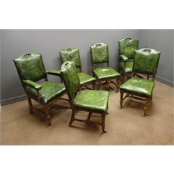  Set six Edwardian oak dining chairs (4+2), studded and upholstered in dark green leather, facated supports and stretchers on castors  