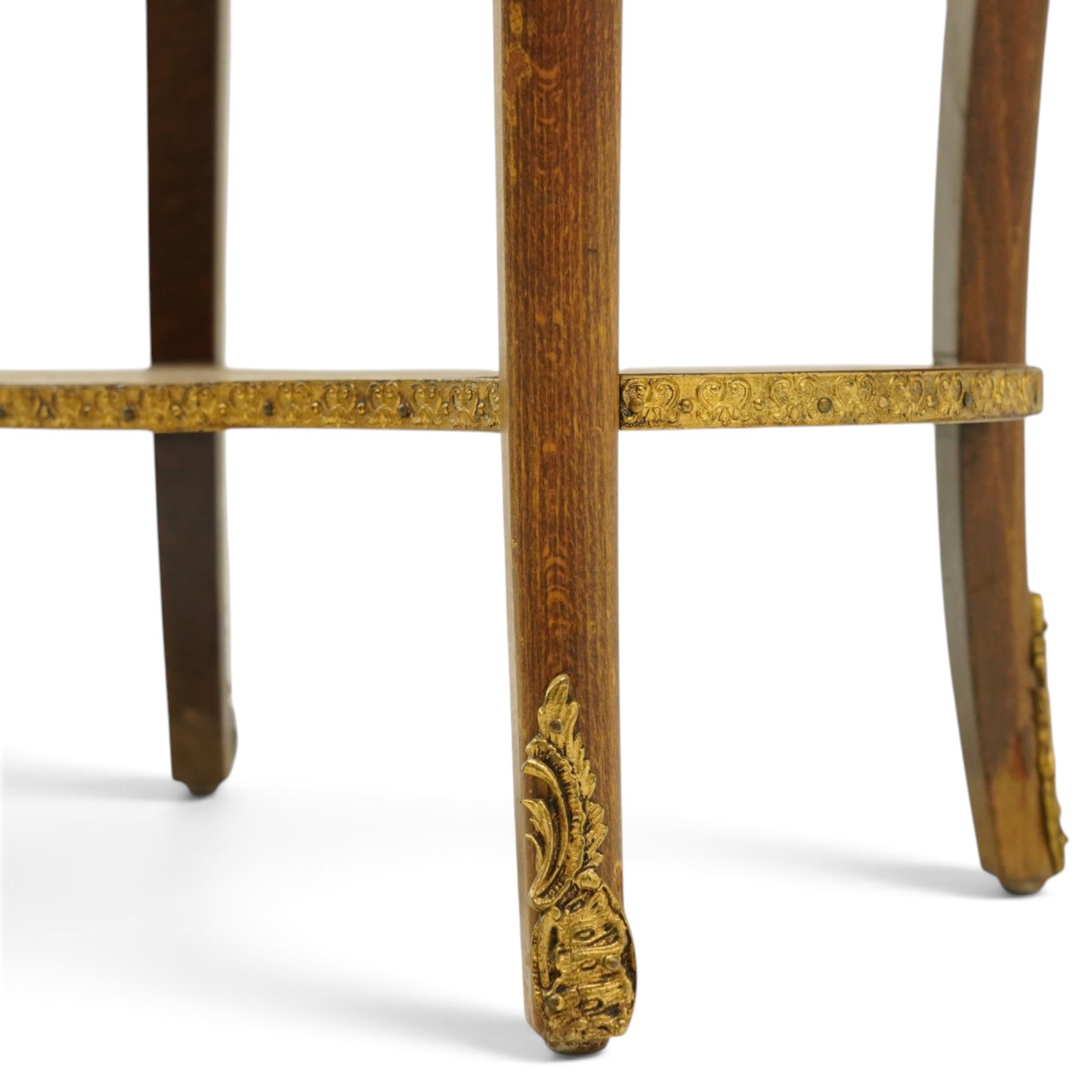 French Louis XV design inlaid kidney-shaped occasional table, the shaped pink marble top with pierced and raised gilt metal gallery edge of egg-and-dart design with swags, fitted with central drawer with a pastoral scene to facia, flanked by gilt metal mounts, raised on cabriole supports united by shaped undertier 