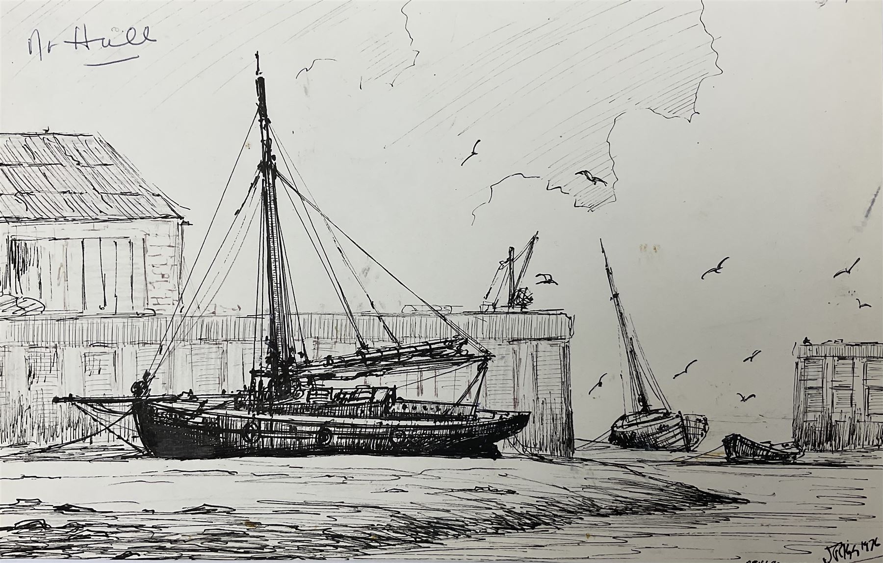 Jack Rigg (British 1927-2023): Entrance to the Humber Dock 'Near Hull', pen and ink sketch signed and dated 1976, titled later 18cm x 29cm (unframed)