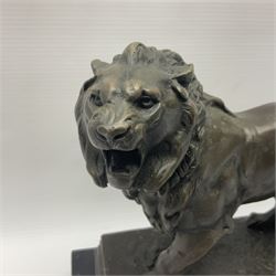 After Charles Valton, bronze, modelled as a lion, upon bronze plinth signed C H Valton, with foundry seal for J B Deposee, and black marble plinth base, overall H20cm L26cm