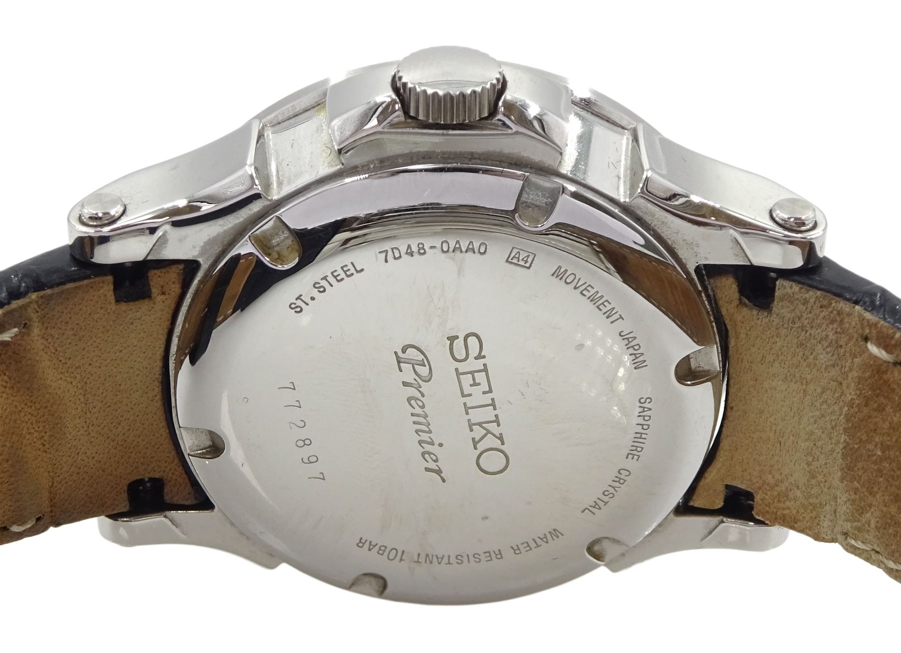 Seiko Premier kinetic perpetual gentleman's stainless steel wristwatch, on original black leather strap with fold-over clasp, boxed with original receipt dated 2009
