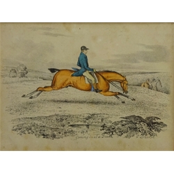  'Full Cry', 'Clearing a Fence' and 'Coming in at a Death', 19th/early 20th century engravings hand coloured and one other - 'In a Stable' 11cm  x 14cm (4)  