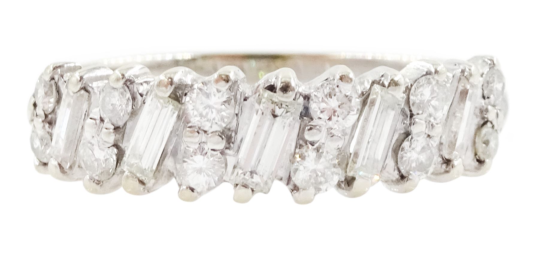 18ct white gold diamond half eternity ring, five baguette cut diamonds each spaced by two round brilliant cut diamonds, total diamond weight approx 0.55 carat