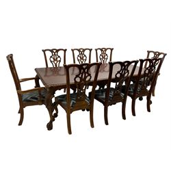 Chippendale Revival - hardwood extending dining table, rectangular gadroon carved top, on acanthus carved cabriole supports with ball and claw feet, with two additional leaves; together with a set of eight (6+2) dining chairs, shaped cresting rail over pierced and carved splat, upholstered drop-in seat, on acanthus carved cabriole supports with ball and claw feet