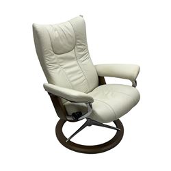 Stressless by Ekornes - 'Signature Wing' reclining armchair with matching footstool, upholstered in stitched cream leather 